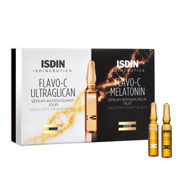 ISDIN Isdinceutics Flavo-C Ultraglican + Melatonin - مصل النهار المضاد للأكسدة 10 قارورة من 2 مل + مصل ليلي مرمم 10 قارورة من 2 مل