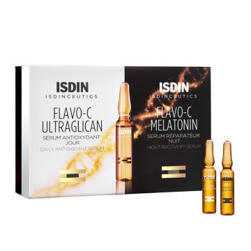 ISDIN Isdinceutics Flavo-C Ultraglican + Melatonin - مصل النهار المضاد للأكسدة 10 قارورة من 2 مل + مصل ليلي مرمم 10 قارورة من 2 مل